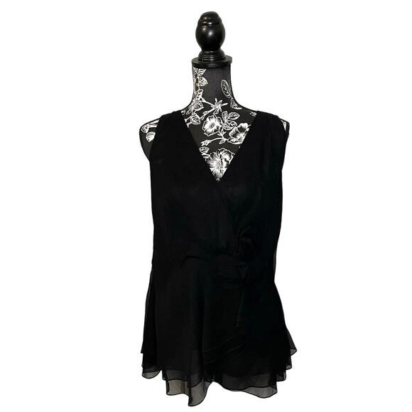 Magaschoni Collection Tulle Silk Sleeveless Blouse Rose Ruffle Detail Black - Picture 1 of 11